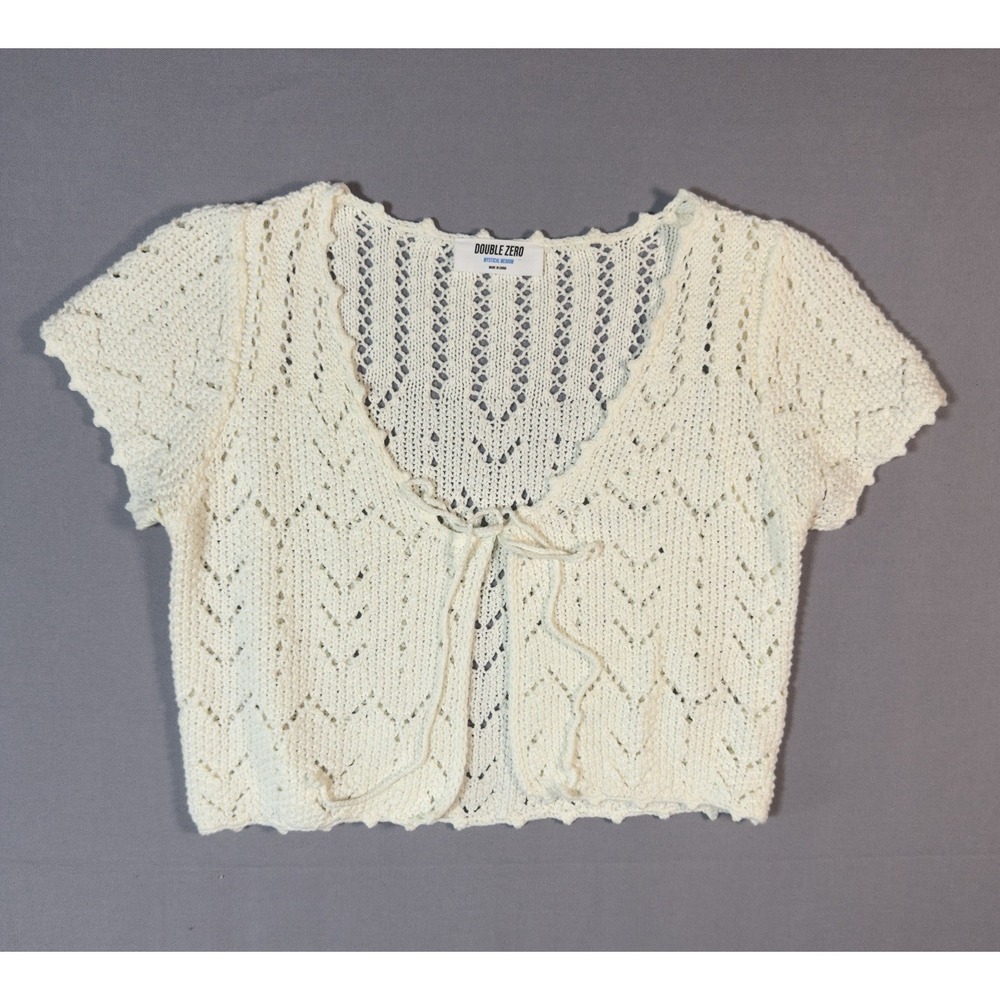 Double Zero Pointelle Knit Cardigan Womens M Ivory Tie Front Cropped Cottagecore